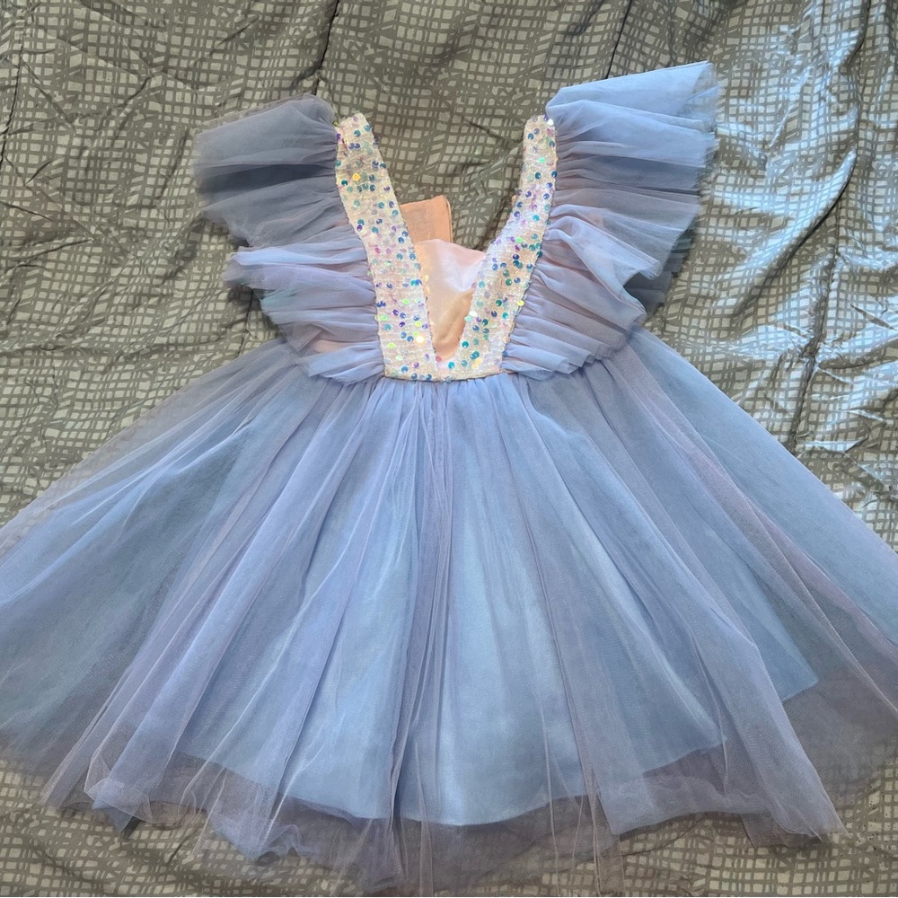 Girls Blue Tulle Dress with Sequin Details